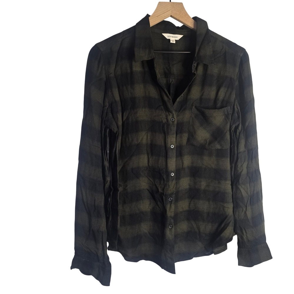 Lucky Brand Plaid Button Down Shirt Women S Green Black Rayon Grunge Gorpcore